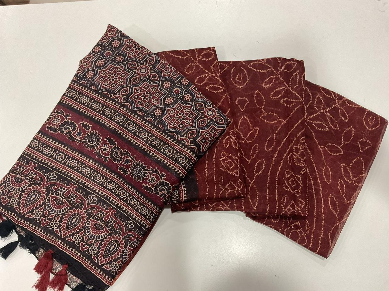 Linen Digital Print Saree With Ajrakh Print Pallu And Bandhani Print Cotton Saree